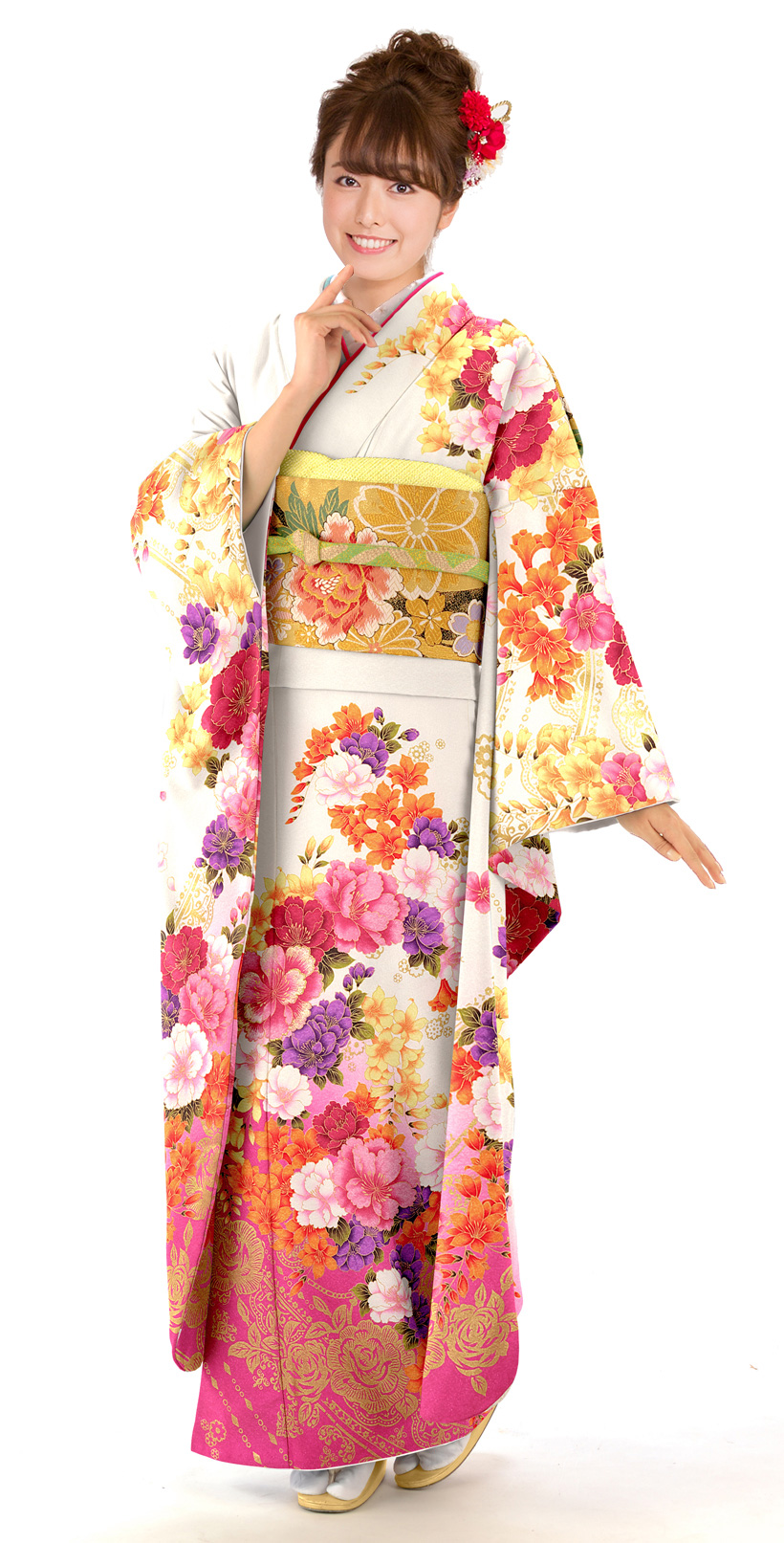 商品番号415洋花づくし|白 着物 振袖の画像